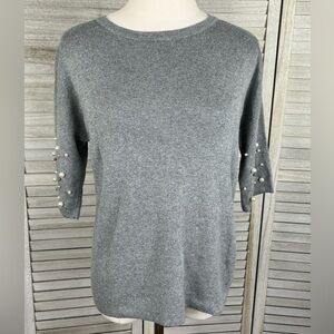 A NEW DAY Crewneck Short Sleeve Sweater w Pearl Embellished Sleeves Gray-Small